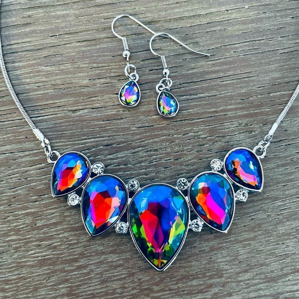 Sparkling Rainbow Crystal Silver Necklace Earrings Set